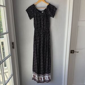 Bleuh Ciel Floral Black Maxi Elastic Waist Dress